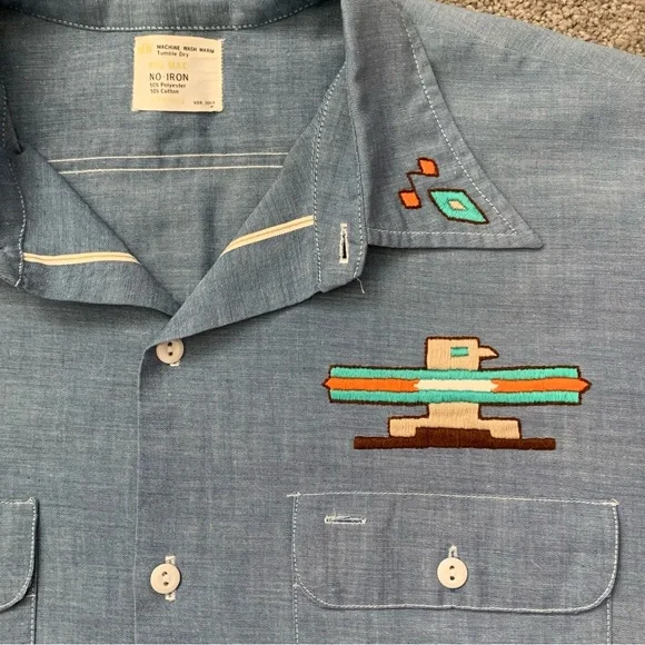1970s Men's Blue South Western Native Embroidered Chambray Shirt - Picture 1 of 8